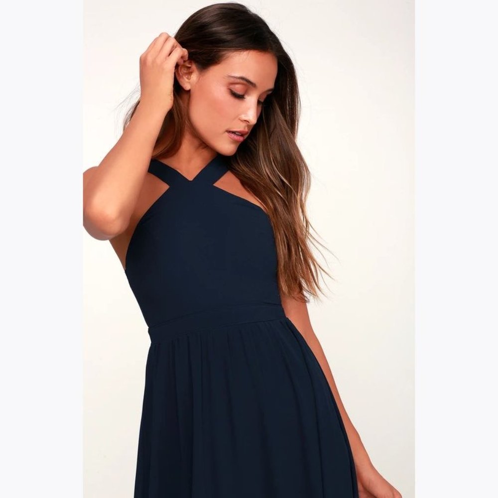 LULU'S Air of Romance Navy Blue Georgette Maxi Dress sz M Women's Wedding Guest - Picture 9 of 10